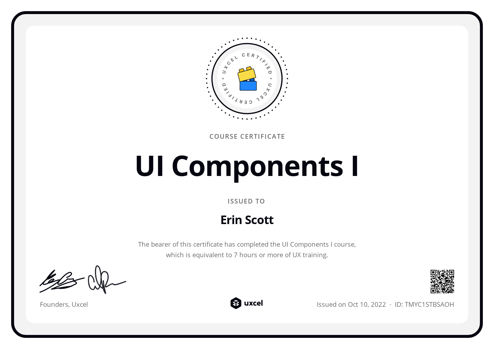 Erin Scott's certificate